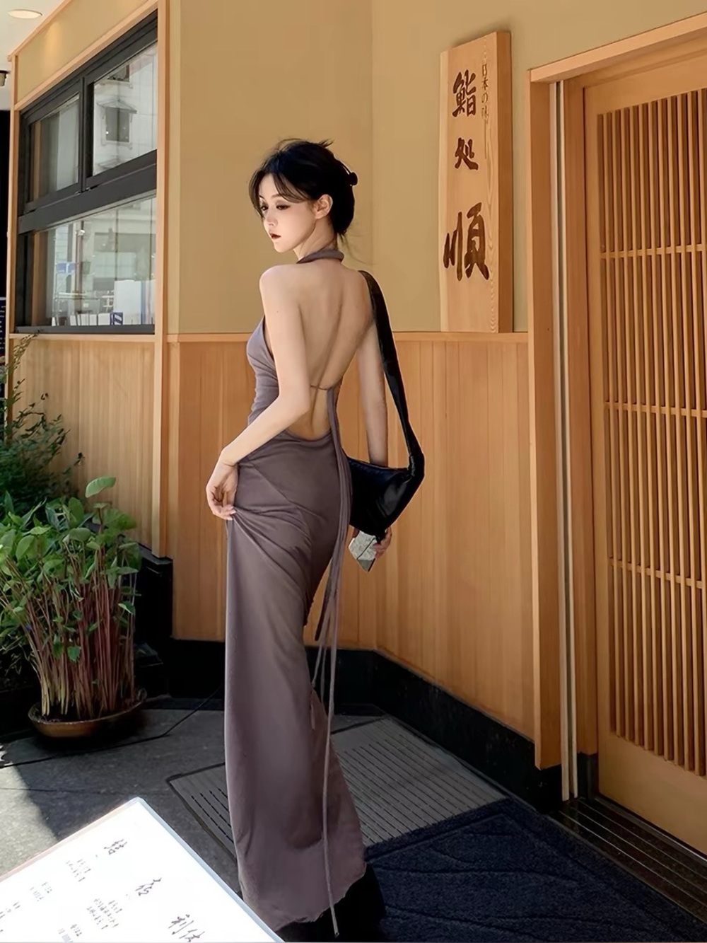 Gyokuu Wearing Taupe Halter Maxi Dress | Size M | Excellent